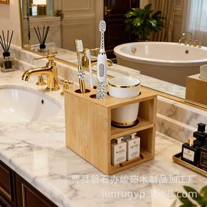 Wooden <b>Toiletries</b> Holder Toothbrush Rack Eco Friendly Bathroom <b>Storage</b> Shelf Rectangular Freestanding - Product Image 3