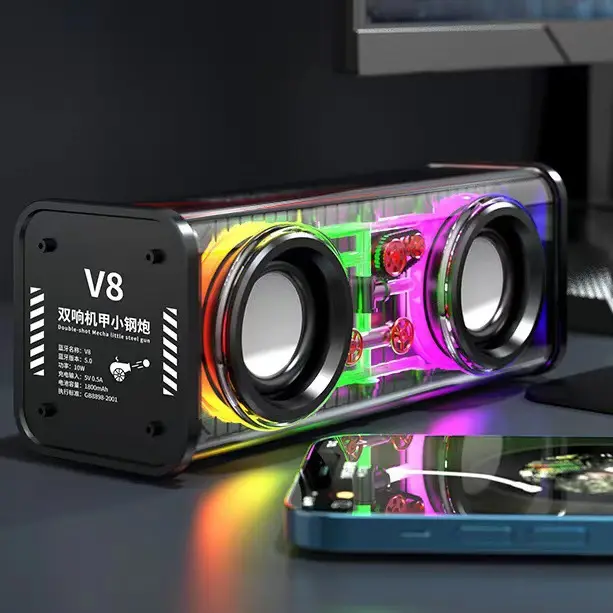 V8 transparente Mecha TWS Altavoz Bluetooth Portátil Interconectado Colorido LED Subwoofer de alta potencia con largo alcance