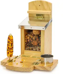 Wooden Squirrel Feeder Box Stations with Corn Cob Holders and a Cup for Backyard and Garden for Convenient food storage.
