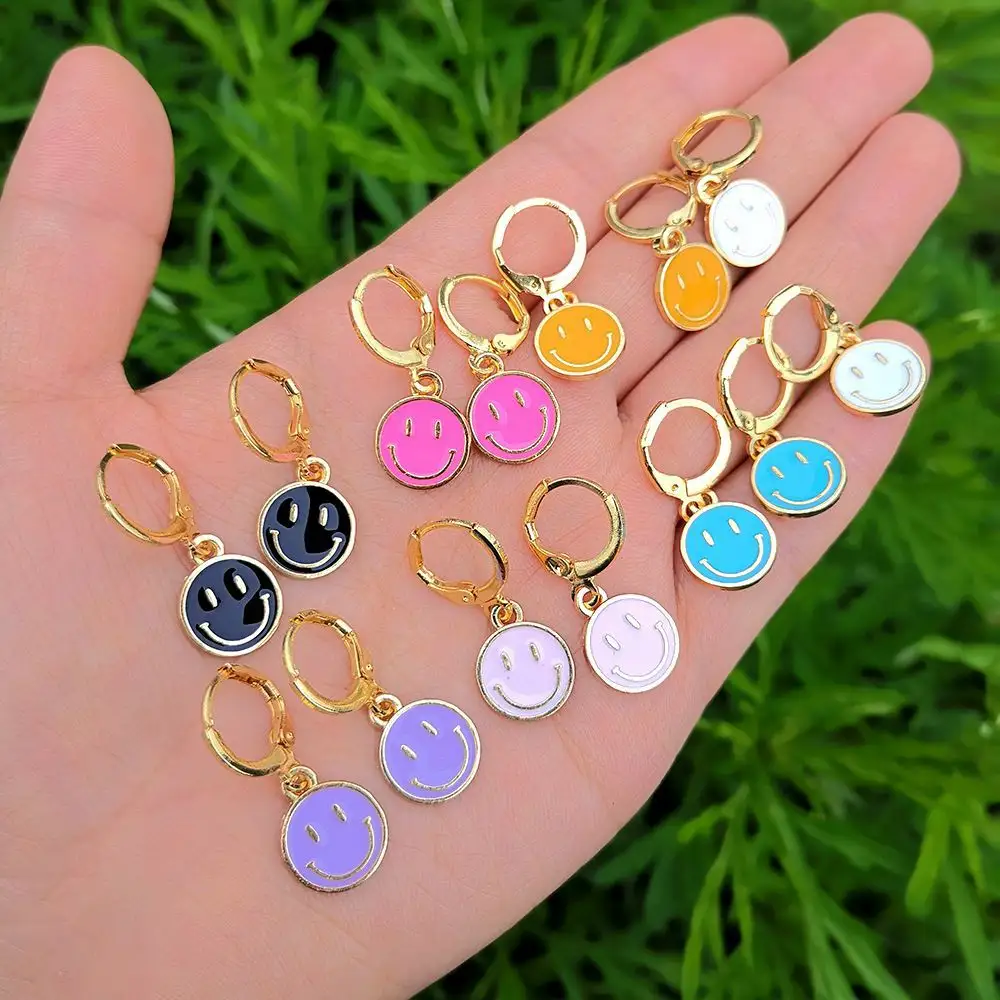 Women Girls Customized Fashion Gold Plated Huggie Hoop Jewelry With Cute Colorful Enamel Smiley Face Charm Drop Earrings