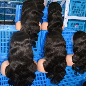 Wholesale Vendors Raw Indian Hair Wigs Custom Logo 180% 200% Density Body Wave Curly Hair Wigs Human Hair Lace Front