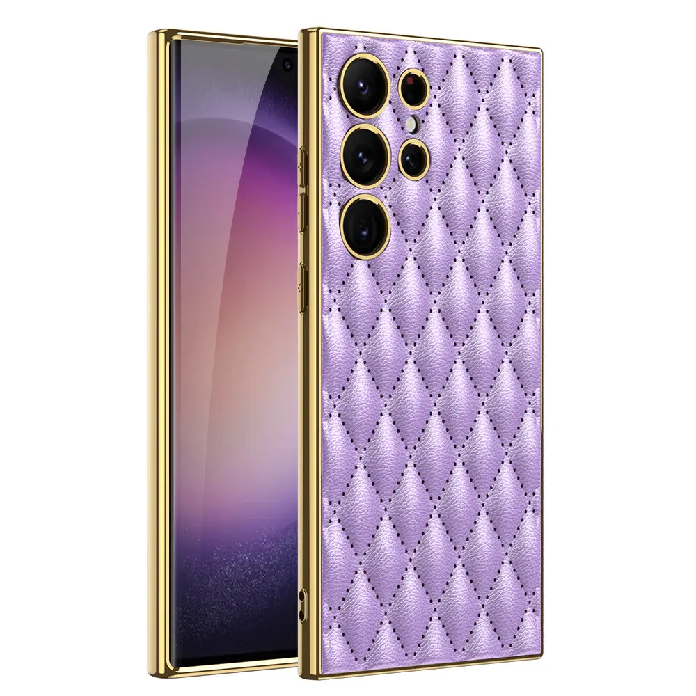 Hot Sale Creative Electroplated Rhombus Pattern Leather Purple Phone Case for Samsung Galaxy S23 Ultra High Quality S23 Plus
