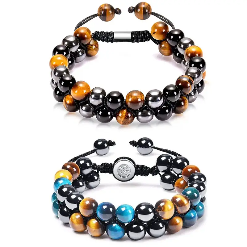 Großhandel natürliche 8mm Kristall Energie Tiger-Auge schwarz Onyx Hämatit-Perlen doppelt gewebte Armbänder für Herren