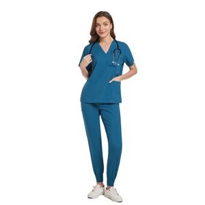 Women Scrub Suit Set Green Short Sleeve V Neck Elastic Cuff <b>Pants</b> Moisture Wicking Hospital <b>Work</b> Uniform Split Set - Product Image 2
