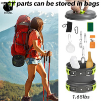 Kit de gâchis pour batterie de cuisine de camping, ensemble de marmites antiadhésives avec 2 jeux de tasses en acier inoxydable, assiettes, fourchettes, couteaux et cuillères