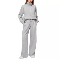 Ensemble décontracté deux pièces pour femme, style européen et américain, 2026, couleur unie, sans col, sweat-shirt oversize à demi-zip et pantalon de survêtement large
