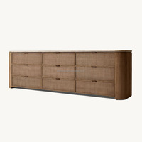 Commode de Luxe MYHOME 2025 en Chêne Massif à 9 Tiroirs avec Plateau en Travertin Moderne et Panneaux en Rotin Tressé, Meuble de Chambre en Bois Massif