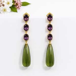 Elegantes pendientes chapados en oro con piedras de amatista y piedras en forma de lágrima verdes, joyería clásica para fiestas para mujer - Product Image 1