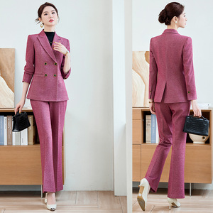 Women's Rose Red Wool Blend <b>Blazer</b> Two-Piece Suit <b>Set</b> For Commute Autumn Winter Warm Workwear - Product Image 1