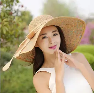 Foldable Large Straw Wide Brim Hat Women Summer Beach Empty Sun Adjustable Bowknot Sunscreen Floppy Straw Hat