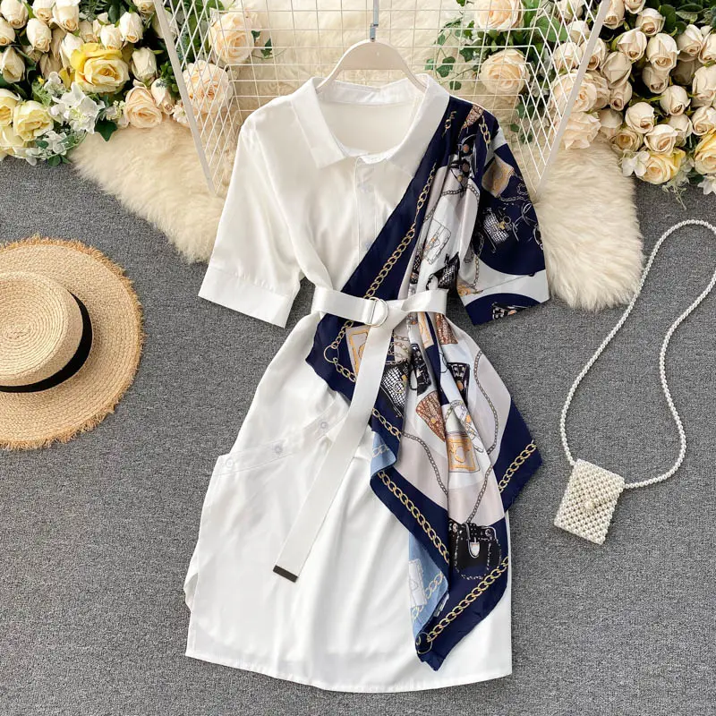 2021 New Summer Fashion Women's Shirt Dress Irregular Printed Satin Scarf Stitching Short Sleeve Dress with Sashes
