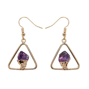 Natural Crystal Earrings Fashion 2022 Crafted Stone Jewelry Amethyst Metal Triangle Fixed Point