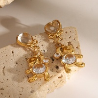 Nouvelles boucles d'oreilles clous en acier inoxydable plaqué or 18 carats avec zircon blanc rond, motif petit ours mignon et nœud, pour femmes