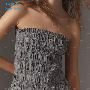 OEM Mini robe personnalisée pour les femmes pull style sans bretelles décolleté smocké corsage bouffant jupe décontracté été robe solide - Product Image 4