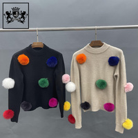 Janefur en stock printemps automne hiver tricoté boules de fourrure de renard pull en laine mode femmes amovible coloré boule de fourrure pull