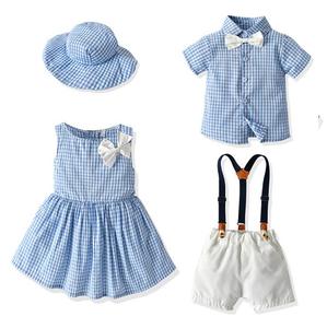 2020 été soeur <span class=keywords><strong>et</strong></span> <span class=keywords><strong>frère</strong></span> costume noeud papillon garçon à manches courtes chemise à carreaux short à bretelles bébé 2 costume - Product Image 1