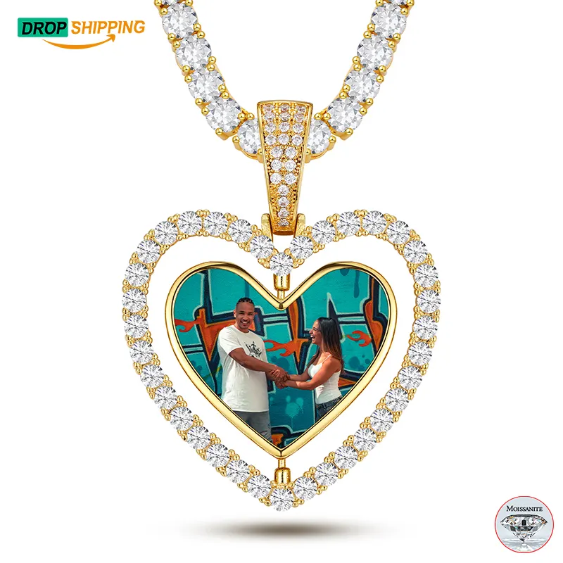 Dropshpping Factory Price 40mm Two Sides Gold Plated 925 Silver VVS Moissanite Heart Custom Picture Pendant Necklace