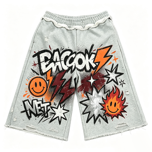 Shorts en molleton streetwear amples et courts, imprimé DTG Kornit intégral, motif graffiti <span class=keywords><strong>smiley</strong></span> flamme, ourlet déchiré et effiloché, taille élastique - Product Image 1