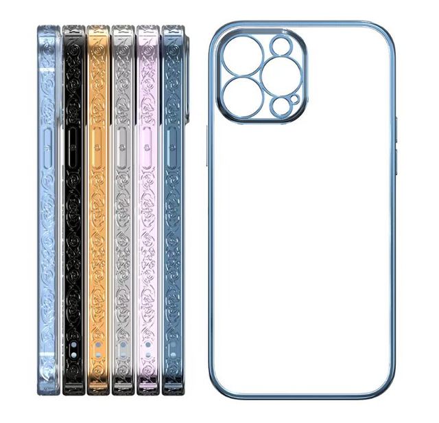 New Luxury Electroplated Mobile Back Cover Transparent TPU Chrome Edges Flower Texture Phone Case for Iphone 12 13 Pro Max