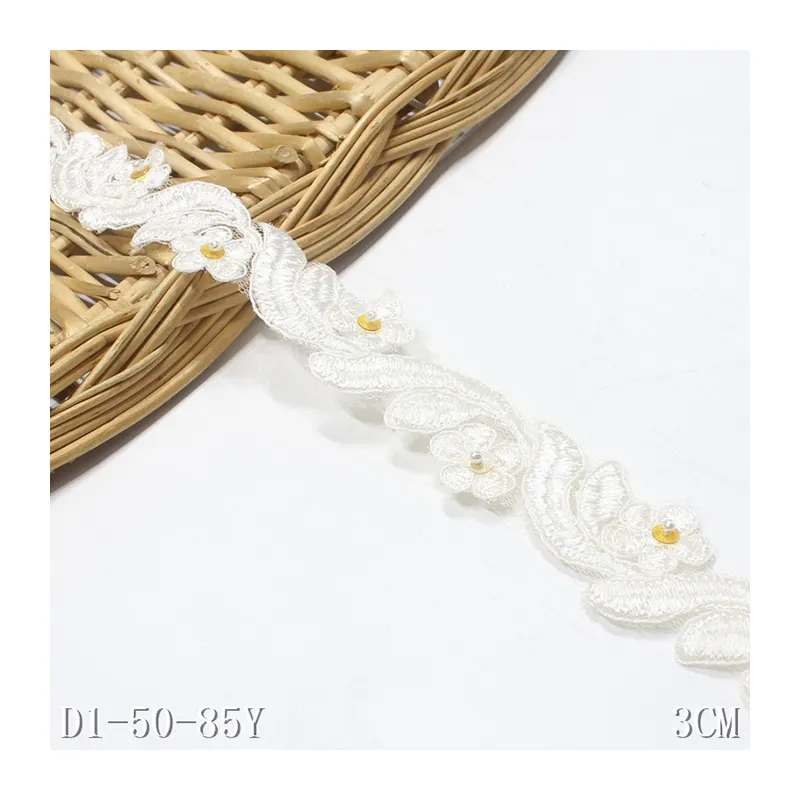 White Guipure Lace with Beads for Bridal Wedding Dress 3cm Flower Embroidery Chemical Lace Polyester Fabric