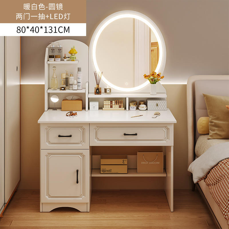 Round mirror LED light with two drawers and one door