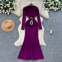 Robe longue élégante pour femme WIWT, à manches longues, découpes, boucle en strass, ourlet sirène, décontractée, pour soirée