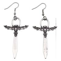 Boucles d'oreilles pendantes gothiques ailes de chauve-souris, en acier inoxydable argenté antique, longues, pour femmes, bijoux punk médiévaux sorcière