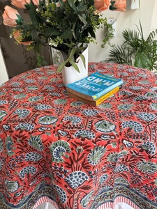 Vintage Block Print Cotton <b>Tablecloth</b> Handmade Floral Design Custom Logo Holiday Easter Thanksgiving Christmas New Year - Product Image 5