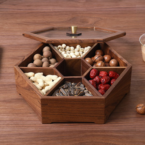 Boîte à fruits secs en bois avec couvercle, 6 compartiments, rangement multifonction pour collations, noix, bonbons, plateau de service, utilisation dans le salon - Product Image 3