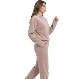 <b>Women's</b> <b>Velour</b> Hoodie Sweatshirt Set Drop Shoulder Pullover Top with Pockets Casual Autumn Outfit - Product Image 2