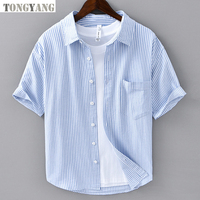 TONGYANG rayé 100% coton chemise hommes été revers Blouses à manches courtes chemises de base pour hommes décontracté col rabattu hauts