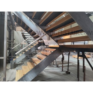 Elegante Escalera Recta Tipo Loft con Barandilla de Doble Lado y <span class=keywords><strong>Balaustre</strong></span> de Vidrio Templado sin Marco y Escalones de <span class=keywords><strong>Madera</strong></span> Lisos - Product Image 3