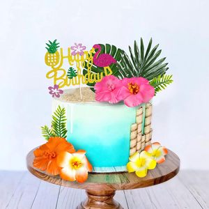 Décorations de gâteau Hawaïennes <span class=keywords><strong>avec</strong></span> <span class=keywords><strong>fleurs</strong></span>, feuilles de palmier et <span class=keywords><strong>fleurs</strong></span> d'hibiscus pour anniversaires sur le thème des flamants roses - Product Image 3