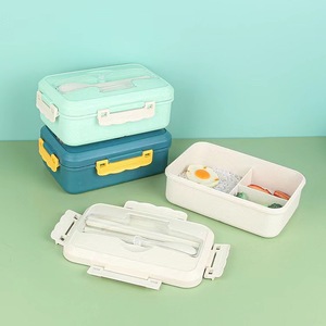 Wheat Straw Lunch Box <b>Large</b> Capacity Bento Box Microwaveable Office Student Use Solid Color Rectangle Lid <b>Plastic</b> Handleless - Product Image 4