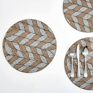 Handmade <b>Beaded</b> Round <b>Placemat</b> Bronze Silver Herringbone Glass Bead Table Mat Woven Leaf Dining Charger Holiday Party Linens - Product Image 1