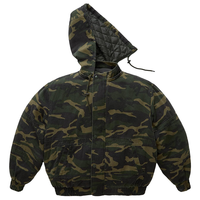 Veste pour homme personnalisée avec imprimé camouflage intégral, en sergé de coton, capuche amovible, doublure matelassée épaisse, fermeture à boutons et à glissière bidirectionnelle