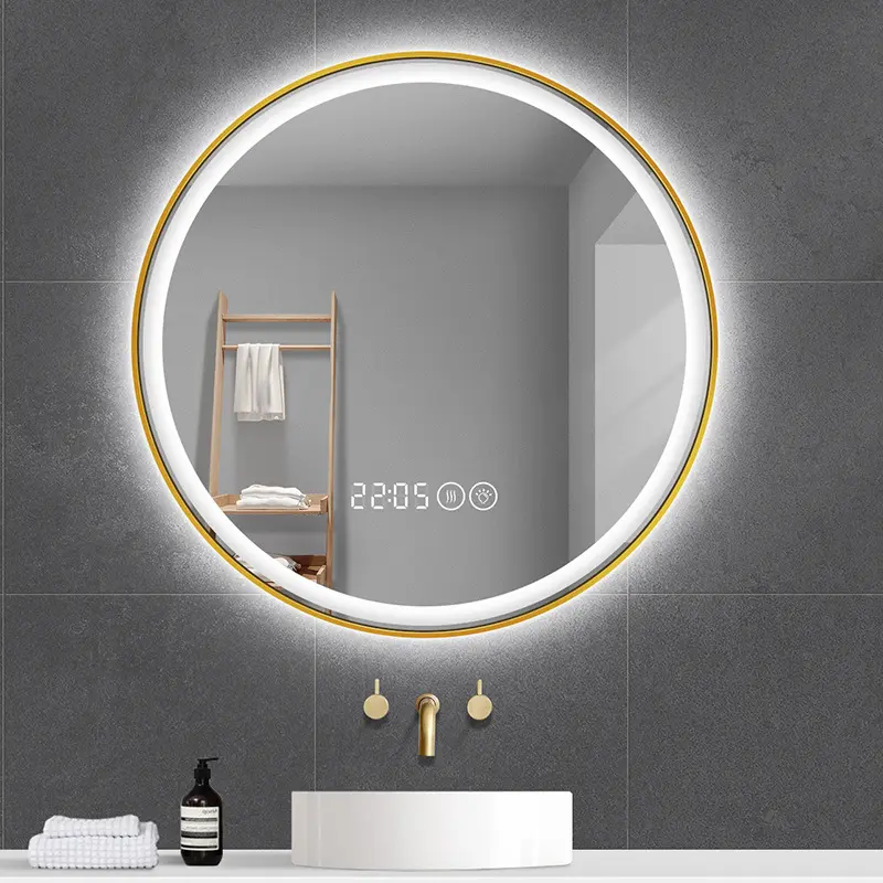 럭셔리 스타일 골드 프레임 화장실 벽걸이 형 LED 조명 안개없는 샤워 욕실 거울 위