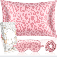 Masque pour les yeux, bandeau et taie d'oreiller en satin de soie écologique de luxe à imprimé léopard rose, coffret cadeau trois-en-un pour toutes les saisons