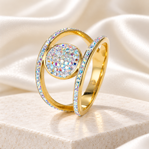 Anillo Orbit de Zirconia de Acero Inoxidable con Baño de Oro de 14K al Vacío, Diseño de Disco Pavé y Doble Arco Ovalado, Anillo de Declaración - Product Image 5