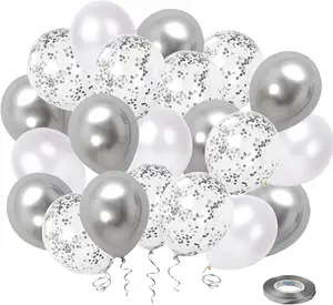 Trắng Bạc Confetti Bóng Bay Cao Su Kit 50 Gói 12 Inch Chrome Đảng Bóng Đặt Đám Cưới Sinh Nhật Bé Tắm Trang Trí