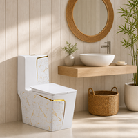 WC monobloc en céramique à motif marbre blanc, carré, avec ligne dorée et double chasse d'eau à siphon pour salle de bain moderne