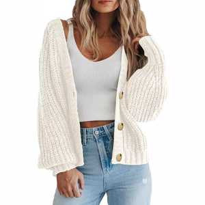 <span class=keywords><strong>Cardigan</strong></span> da Donna Personalizzato all'Ingrosso con Scollo a V, Lavorazione a Treccia, in Poliestere Cotone 240GSM 12GG, Tinta Unita, Monopetto, Vestibilità Rilassata, Invernale Casual - Product Image 4
