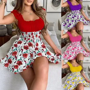 Women Sleeveless Casual Vacation Beach Short Dresses Summer Floral Print Tied Detail Ruffles Mini Dress