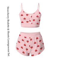 Ensemble de débardeurs sexy et doux pour femmes, imprimé fraise mignon, sans couture, short rose, bralette, ensemble de sous-vêtements de pyjama, vêtements de nuit pour la maison