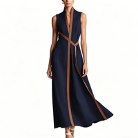 Robe longue en lin sans manches, de qualité standard, avec blocs de couleur, ceinture portefeuille et poches pour femme - Collection Sehe Fashion