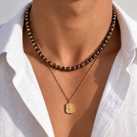 Ensemble de colliers superposables vintage à pendentif étoile carrée à deux couches pour hommes, style rétro, avec perles œil de tigre, accessoires de rue, cadeaux