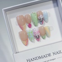 Nouveaux faux ongles 3D sculptés en forme d'amande, faits à la main, prêts à poser, vente en gros, motifs lignes dégradées Jiang et pois.