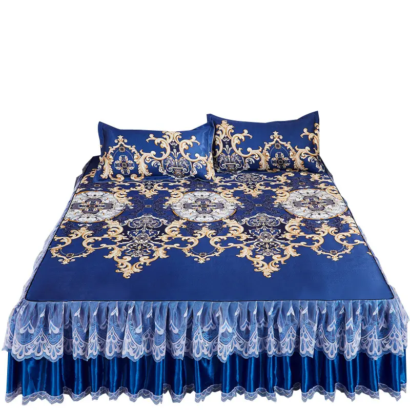 New Ice Silk Bed Skirt Three Piece 1 Bedsheet + 2 Pillowcase Lace Mat Machine Washable Air Conditioning Bedding Mat V034