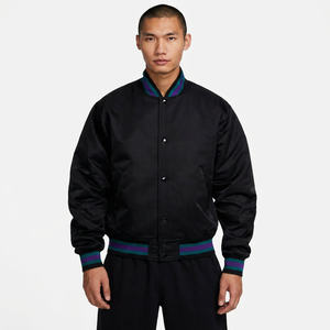 Blouson universitaire coupe-vent en PU noir pour homme, avec garnitures violettes et vertes, coupe droite, col montant, simple boutonnage, style décontracté, collection printemps - Product Image 1