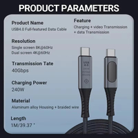 Câble de données USB4 Thunderbolt 4 240W avec affichage numérique 40 Gbps 8K, câble de charge rapide Type C pour Mackbook iphone 15 16 17 Ordinateur portable